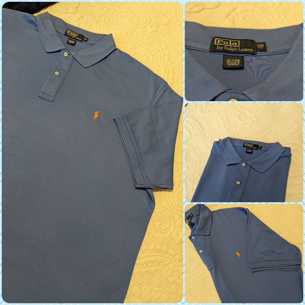 Men's 2XB Soft touch 3 button  Polo Shirt in Blue with Orange Polo horse logo